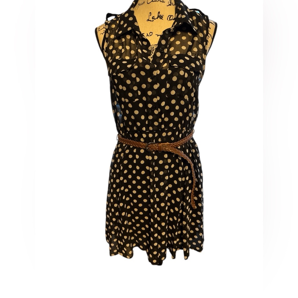 Black Polka Dot Dress with Brown Belt